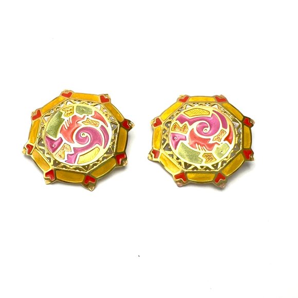 1980s Edgar Berebi XL Enamel Earrings — Art Nouveau Revival — Vibrant Colorway - Picture 1 of 10